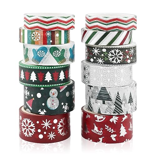 12 Rollen Weihnachten Washi Tape Set,Weihnachtsmuster Folie Dekoband Klebeband Bunt für Handwerk,Dekorative Klebeband zum Basteln,Masking Klebeband Bunt Abdeckband Tape Dekorieren Sie Ihr Scrapbook von Jodsen