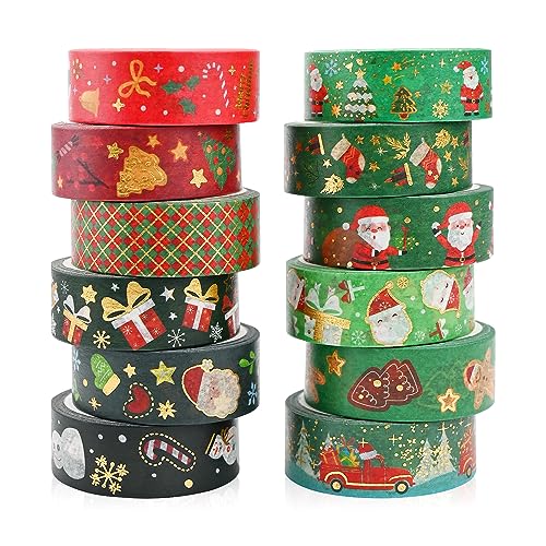 12 Rolls Weihnachten Washi Tape Set Snowman Xmas Tree Dekorative Washi Tape Santa Claus Masking Papierklebeband Klebeband Dekorative Urlaubs Geschenkverpackungsband für Scrapbooking DIY Craft Journal von Jodsen