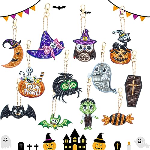 12 Stück Halloween Diamond Art Painting Schlüsselanhänger,Doppelseitige Kürbis Geist Diamant Schlüsselanhänger Anhänger Malerei Strass Kit,Gnom Mosaik Diamant Handwerks Anhänger für Kinder Mädchen von Jodsen