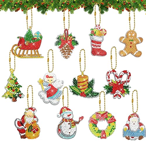 12 Stück Weihnachten 5D Diamond Painting Anhänger,DIY Diamant Malerei Schlüsselanhänger Kits für Kinder Erwachsene,Weihnachtsbaum Weihnachtsmann Schlüsselbund Strass Malerei Kunst Ornamente Dekoration von Jodsen