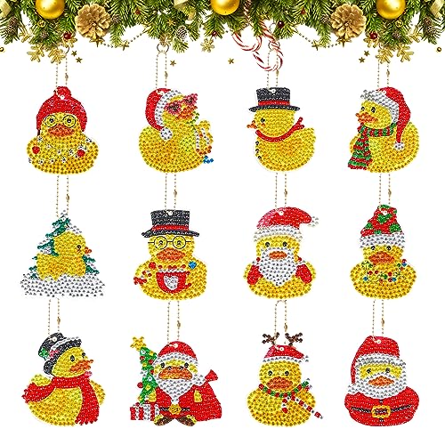 12 Stück Weihnachten 5D Diamond Painting Anhänger,Weihnachten Ente DIY Diamant Malerei Schlüsselanhänger Kits für Kinder Erwachsene,Schlüsselbund Strass Malerei Stickerei Kunst Ornamente Dekoration von Jodsen