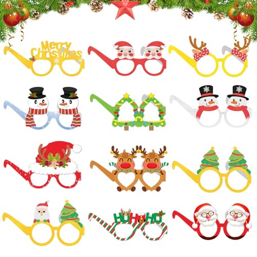 12 Stück Weihnachtsbrille,Neuheit Santa Party Brille,Papier Partybrillen Frame Photo Booth Weihnachtspapier Requisiten für Erwachsene Kinder,Weihnachtsdekoration Kostüm Brille für Geschenk,Dekoration von Jodsen