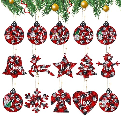 15 PCS Weihnachts Diamantmalerei Schlüsselketten Kit Rot Weihnachtskugeln 5D DIY Diamond Art Schlüsselanhänger Schneeflocke Glocken Mosaik Diamant Anhänger Painting Schlüsselbund für Kinder Erwachsene von Jodsen