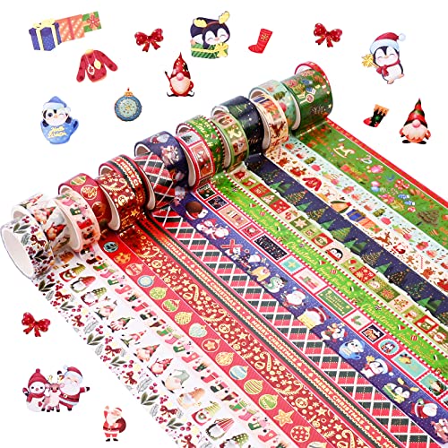 16 Rollen Washi Tape Weihnachten, Goldfolie Scrapbooking-Zubehör Washi Klebebänder mit weihnachtlichen Elementen, Weihnachtliches Dekoratives Washi Tape für Tagebuch, Umschläge, Geschenkverpackung von Jodsen