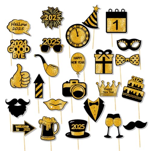 25 Stücke 2025 Silvester Fotokabine Requisiten Schwarz Gold Glitzer Requisiten mit Bambusstangen DIY Lustig Frohe Neujahrs Party Selfie Requisiten Party Dekoration für Kinder Erwachsene (25Pcs) von Jodsen