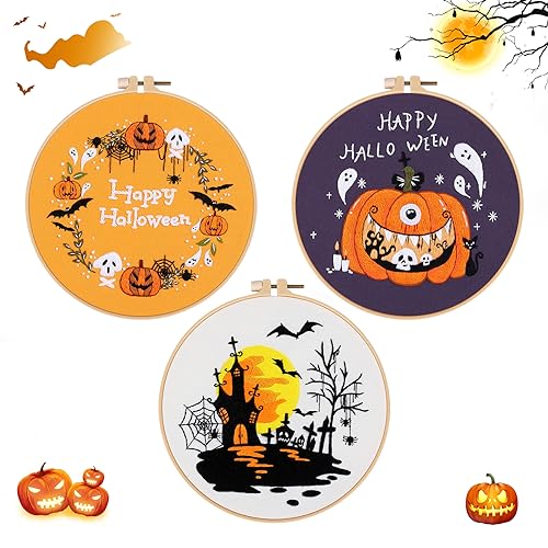 3 Stück Halloween Anfänger Stickerei Set Kürbis Geist Halloween Sticken Set Erwachsene Starter Kit mit Muster und Anleitung Kreuzstich Einstellbare Starter Tools Kit für Stickerei Kunst Anfänger von Jodsen