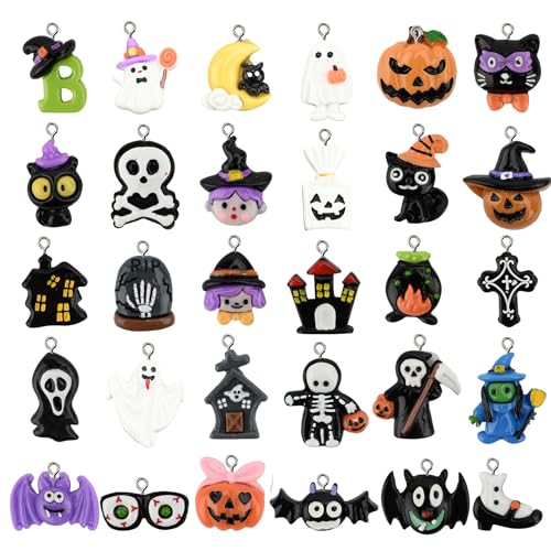 30 Stück Halloween Charms für die Schmuckherstellung Harz Emaille Schmuckanhänger Totenkopf Geist Kürbis Fledermaus Mini Charms Anhänger Ornament für Halloween Basteln DIY Halskette Armbänder Ohrring von Jodsen