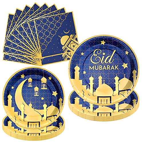 32 Stück Eid Ramadan Mubarak Geschirr Eid Mubarak Partygeschirr Set Mond Stern Eid Mubarak Pappteller und Servietten Mondstern Tafelgeschirr für Ramadan Islam Muslim Party Servieren Essen Dekorationen von Jodsen