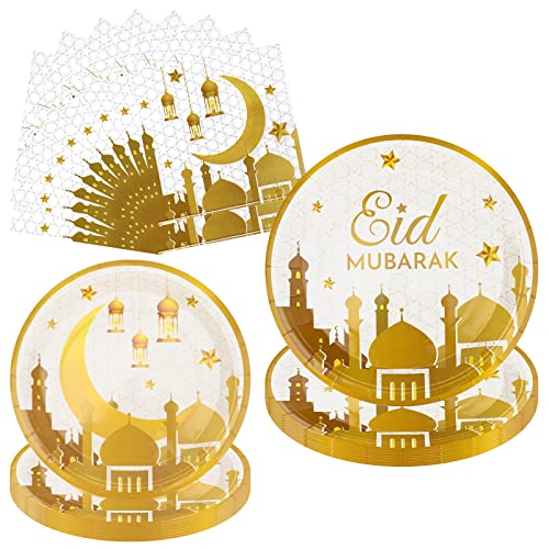 32 Stück Eid Ramadan Mubarak Geschirr Eid Mubarak Partygeschirr Set Mond Stern Eid Mubarak Pappteller und Servietten Mondstern Tafelgeschirr für Ramadan Islam Muslim Party Servieren Essen Dekorationen von Jodsen