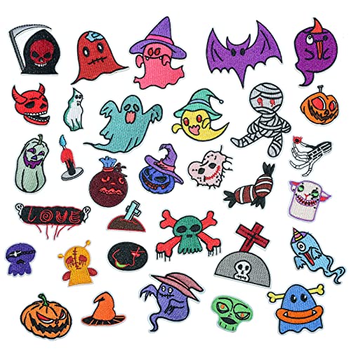 32 Stück Halloween Gestickte Aufnäher zum Aufbügeln, Verschiedene Bunte Schädel Applikationen für Kinder und Erwachsene, Punk Stil Stickerei zum Aufnähen für Kleidung, Jacken, Jeans, Hüte, Rucksäcke von Jodsen