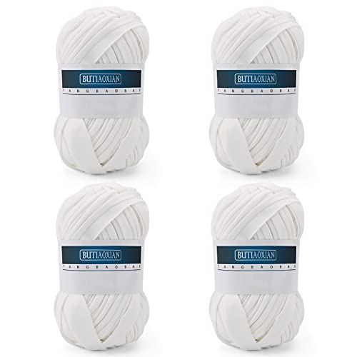 4 Pack 100g Grobes Baumwolle Garn zum Stricken und Häkeln T-Shirt Band Garn Strickgarn Baumwolle Überwurfgarn Weiches Großes Garn Häkelgarn Set für Korb Taschen Decken Hüte Spielzeug Schuhe Weiß von Jodsen