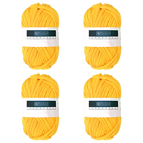 4 Pack 100g Grobes Baumwolle Garn zum Stricken und Häkeln T-Shirt Band Garn Strickgarn Baumwolle Überwurfgarn Weiches Großes Garn Häkelgarn Set für Korb Taschen Decken Hüte Spielzeug Schuhe Gelb von Jodsen