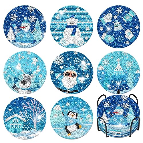 8 Pcs Diamond Painting Untersetzer Winter Blau DIY Diamond Art Painting Set 5D Diamant-Malsets Untersetzer mit Halter Diamond Untersetzer Weihnachtsdekoration Schneemann Untersetzer (StilA) von Jodsen