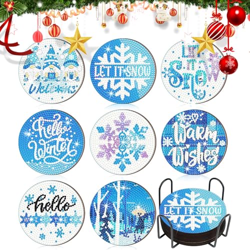 8 Pcs Diamond Painting Untersetzer Winter Blau DIY Diamond Art Painting Set 5D Diamant-Malsets Untersetzer mit Halter Diamond Untersetzer Weihnachtsdekoration Schneemann Untersetzer (StilB) von Jodsen