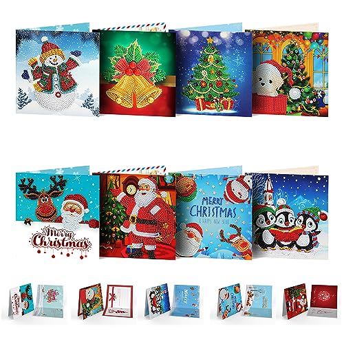 8 Stück DIY Weihnachten Diamant-Malerei Karten, 5D Weihnachten Diamond Painting Set Weihnachten Karten Handgemachte Weihnachtsgrußkarten Weihnachtskarte Kunsthandwerk Geschenke Kunstkarten für Xmas von Jodsen