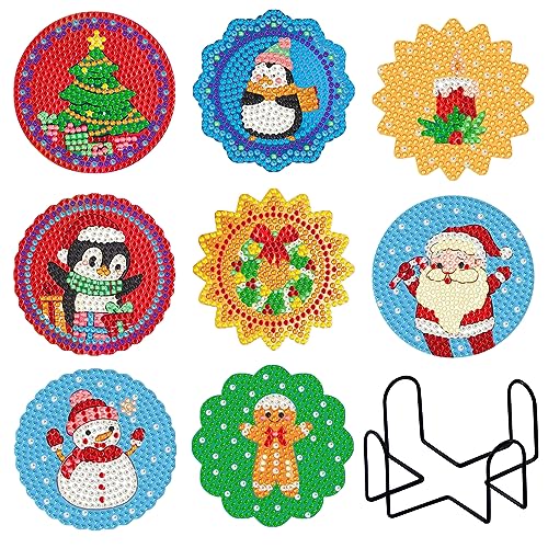 8 Stück Diamond Painting Untersetzer mit Halter,Diamant Kunst Untersetzer Kits,DIY Weihnachtsmann Weihnachtsbaum Schneemann Untersetzer Diamant Malerei Set für Basteln Erwachsene Kinder Anfänger von Jodsen