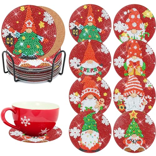 8STK Diamant Weihnachten Malerei Untersetzer mit Halter,DIY Xmas Diamond Painting Untersetzer rutschfeste Korkmatte Diamant Untersetzer Weihnachten Geburtstag für Kinder Erwachsene von Jodsen