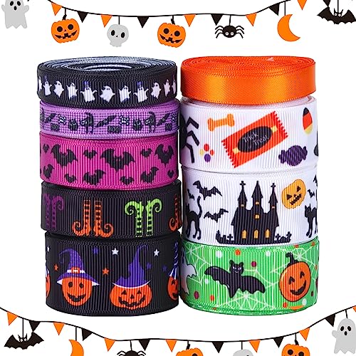 9 Rollen Halloween Bänder 4,5m Polyester Satinband für Handwerk Spinnenkürbis Dekorative Geschenkband Bänder Buntes Stoffband Halloween DIY Supplies für Geschenkverpackung Bug Blumensträuße Nähparty von Jodsen