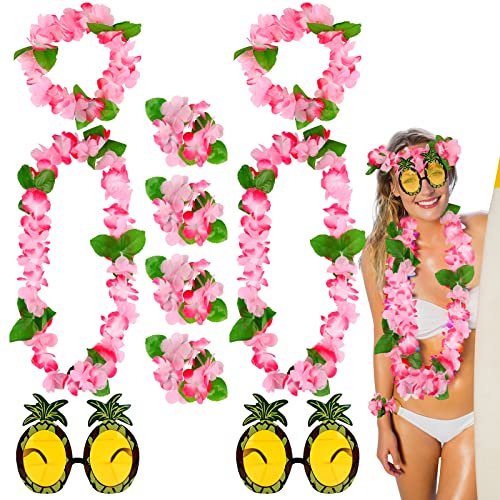 Hawaiian Leis Ketten Set,10 Stück Luau Blumen Girlande Halskette Ananas Sonnenbrille Stirnbänder Armbänder,Bunte Rüschen Blumen,Tropische Sommer Thema Kleid Party Dekorationen,Strandurlaub Geburtstag von Jodsen