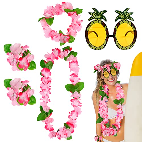 Hawaiian Leis Ketten Set,5 Stück Luau Blumen Girlande Halskette Ananas Sonnenbrille Stirnbänder Armbänder,Bunte Rüschen Blumen,Tropische Sommer Thema Kleid Party Dekorationen,Strandurlaub Geburtstag von Jodsen
