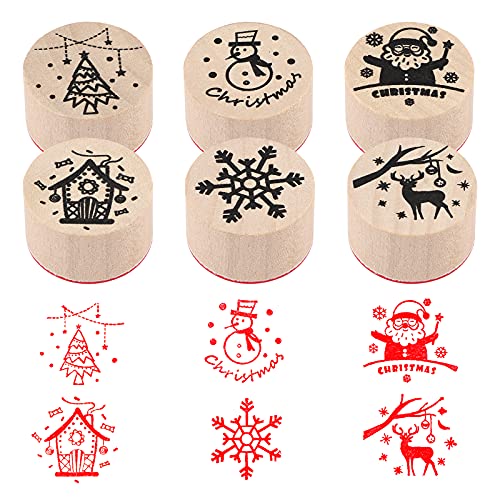 Holz Weihnachtsstempel Set,6 Stück Runde Spalte Mini Stempel,Elch Santa Schneeflocken Schneemann Weihnachtsbaum Weihnachten Themenstempel für Geschenkpapier,Weihnachten DIY Malerei Sammelalben von Jodsen