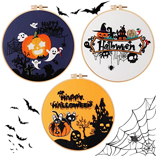 Jodsen 3 Sets Stickerei Kit für Anfänger, Halloween Muster Stickerei Starter Kit, Kreuzstich Kits mit Stickerei Stoff, Fäden, Reifen, Nadeln, Anweisungen, lernen Stickerei Geschicklichkeit von Jodsen