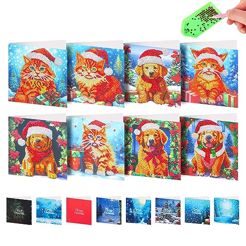 Jodsen Weihnachtskarten Diamond Painting Set, 8 Stück DIY Weihnachten Diamant Painting Gruß Karten 5D Handgefertigte Stras Geschenkkarte Grußkarten Weihnachten Tier Karten basteln für Fest, Neujahr von Jodsen