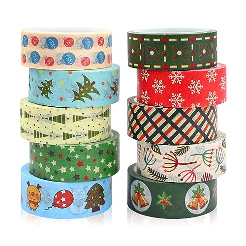 Weihnachten Washi Tape Set,10 Rollen Dekorative Klebeband Dekoband Masking Tape 15mm Multi-Muster Selbstklebendes Klebeband für Weihnachten Handwerk DIY Scrapbooking Geschenk Verpackung Dekorationen von Jodsen