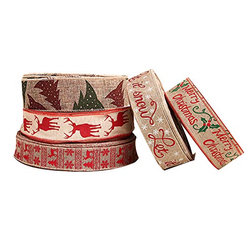 Weihnachtsband, 5 Rollen 5 cm / 6 cm, Leinen, Draht, Geschenkband, für Weihnachtsdekoration, Basteln, 2 m pro Rolle von Jodsen