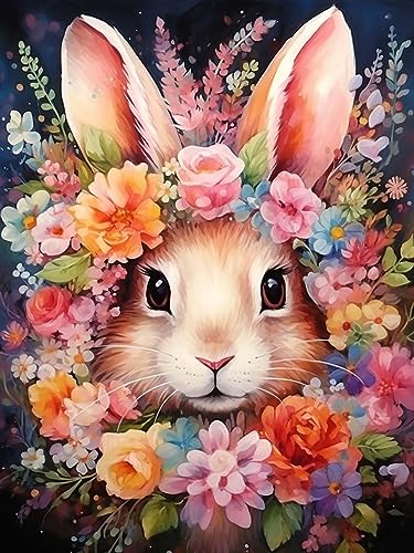 Joechie Diamond Painting Kits, Häschen Diamond Art Kits für Erwachsene Anfänger, DIY 5D Tierische Blume Malerei Kunsthandwerk für Home Wall Decor Geschenk (30x40cm) von Joechie