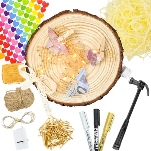 Joellfuner Holzscheiben DIY Dekorations Kit, 18-20cm Holz Log Scheiben mit LED-Lichterkette, Aufkleber, Pinsel, Unvollendete Holzkreise für DIY, Basteln, Hochzeit, Weihnachten Dekoration (Flugzeug) von Joellfuner