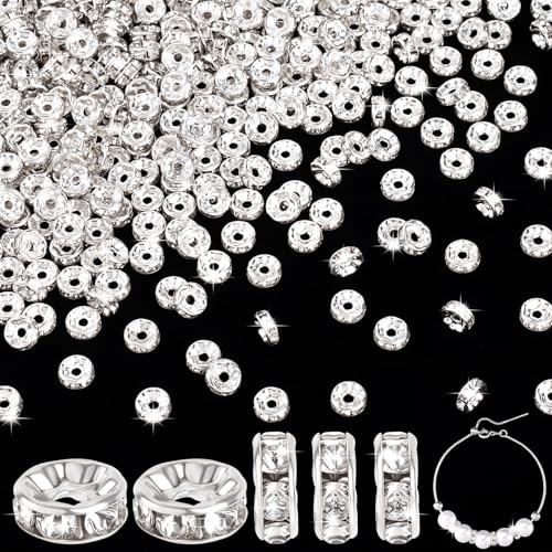 Joez Wonderful Rondelle-Abstandshalter-Perlen, 8 mm, Kristall-Strass, silberfarbene Perlen, plattierte Charms für Schmuckherstellung, helle Silberperlen für Armband, Halskette, 500 Stück von Joez Wonderful