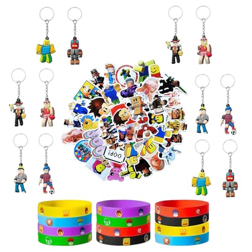 Jofiesu 74-teiliges Roboterblöcke, Partygeschenk-Set enthält 12 Armbänder und Schlüsselanhänger für Videospiel-Fans, farbige Silikon-Armbänder, Gummi-Schlüsselanhänger, Zubehör, Kindergeburtstag, von Jofiesu