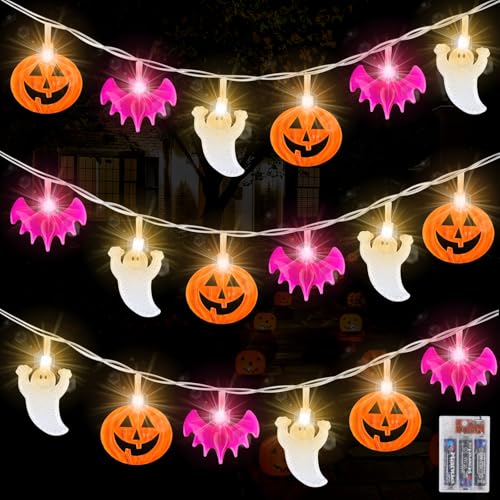 Jognee Halloween Lichterkette, 3 M 20 LED Halloween Deko Lichterkette, Halloween Deko, Orange Kürbisse, Lila Fledermäuse, Weiße Geister Lichterkette für Außen Innen Halloween Garden Deko (A) von Jognee