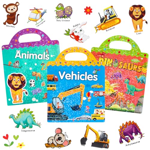 Sticker Book für Kinder, Wiederverwendbare Stickerbuch Dinosaurier, Fahrzeug, Zoo, Aufkleber für Kinder 3-6 Mädchen Jungen Pädagogisches Lernen Spielzeug (3 Pack - Dinosaurier, Fahrzeug, Zoo) von Jognee