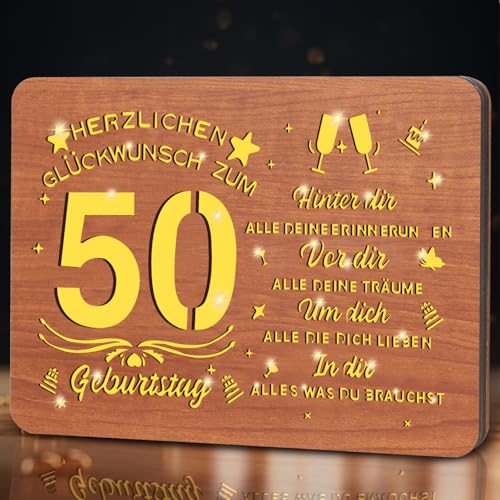 Johiux 50. Geschenke Geburtstag für Frau Mann,Geschenk 50 Geburtstag Frau Mann,50 Geschenk Geburtstag für Männer Frauen,Holz Gästebuch mit LED Personalisierbares 50. Geburtstag Tischdeko von Johiux