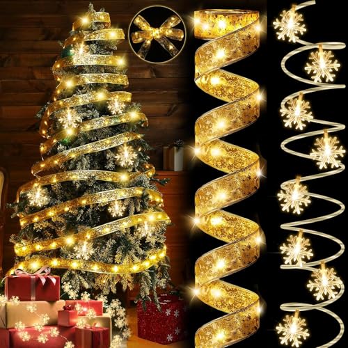 Johiux 5M Weihnachtsband Lichter+6M Schneeflocke Lichterketten,Weihnachtsdeko Innen LED Bänder Lichterketten,Christmas Tree Ribbon Lights Batteriebetriebene Lichterketten 2 Beleuchtungsmodi. von Johiux