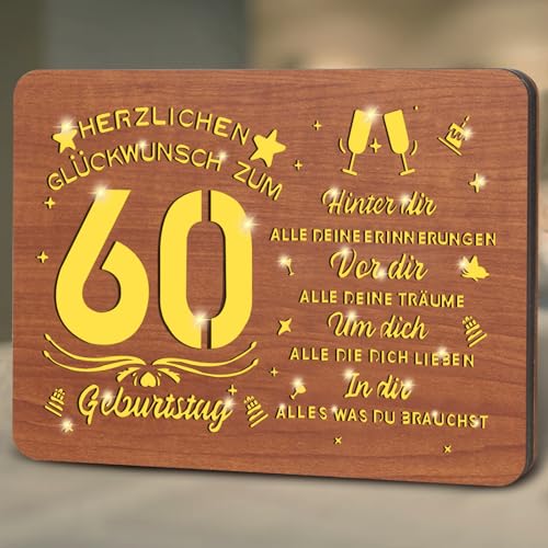 Johiux 60.Geschenke Geburtstag für Frau Mann,Geschenk 60 Geburtstag Frau Mann,60 Geschenk Geburtstag für Männer Frauen,Holz Gästebuch mit LED Personalisierbares 60. Geburtstag Tischdeko von Johiux