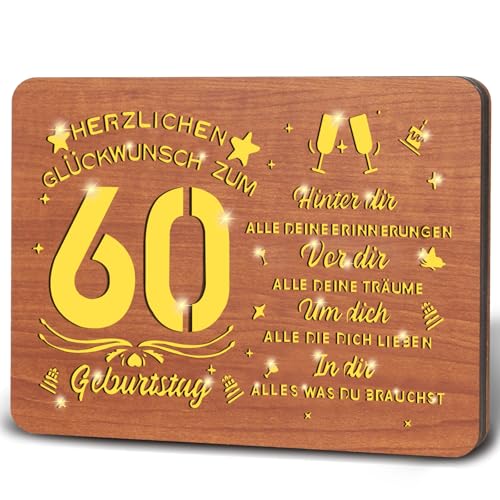 Johiux 60.Geschenke Geburtstag für Frau Mann,Geschenk 60 Geburtstag Frau Mann,60 Geschenk Geburtstag für Männer Frauen,Holz Gästebuch mit LED Personalisierbares 60. Geburtstag Tischdeko von Johiux