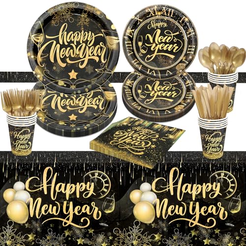 Silvester Deko 2025 Party Set, 81 Stück Happy New Year Partygeschirr Set Silvester Tischdeko Tischdecke Servietten Pappbecher Pappteller Schwarz Gold für Happy New Year Deko 2025 von Johyzmpun