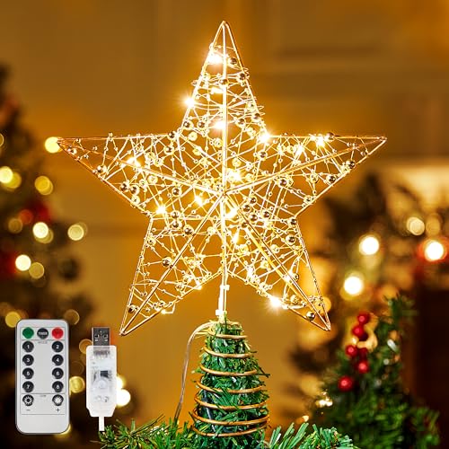 JOIEDOMI 12-Zoll-Weihnachtsstern-Baumspitze aus Metallperlen, 20 LEDs mit warmweißen Lichtern, goldene Baumspitze, USB-betriebene Fernbedienung für Weihnachtsbaumschmuck von Joiedomi