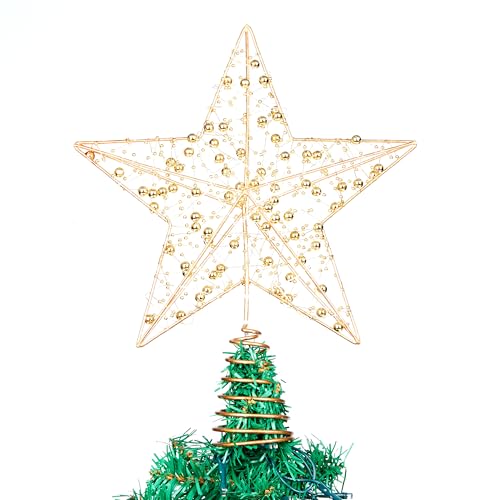 JOIEDOMI 12-Zoll-Weihnachtsstern-Baumspitze aus Metallperlen, 20 LEDs mit warmweißen Lichtern, goldene Baumspitze, USB-betriebene Fernbedienung für Weihnachtsbaumschmuck von Joiedomi