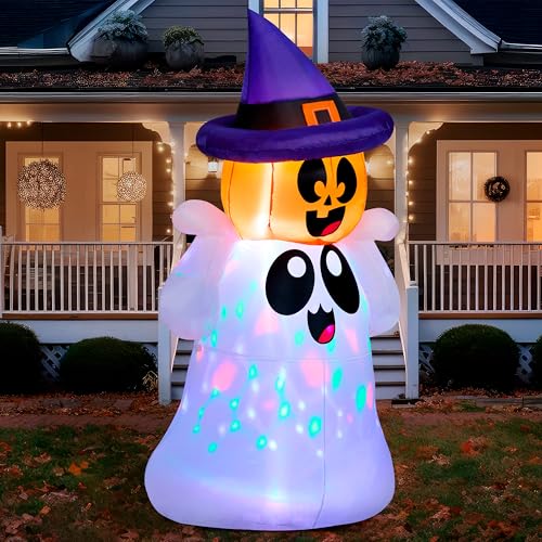 Joiedomi 5 Fuß großer aufblasbarer Halloween-Geist mit Kürbiskopf und eingebauten bunten LEDs, aufblasbarer Geist mit Hexenhut für Halloween-Dekoration für draußen, Hof, Garten von Joiedomi