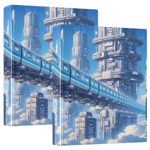 Futuristic Sky Train Blue Rezept-Notizbuch, 3-Ringbuch, 1 Packung, PVC, hält 200 Blatt, großes 3-Ringbuch von Joitme