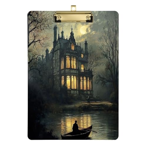 Moonlit Mansion Reflection Schwarz bedrucktes Klemmbrett, goldener Metallclip, 30,5 x 22,9 cm Schreib-Klemmbrett, Klemmbrett für Meetings von Joitme