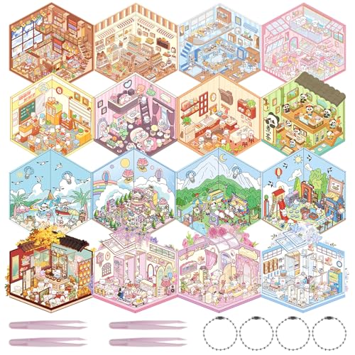 16 Sets 3D Sticker Scene,DIY 3D House Stickers Mit Pinzette Miniatur Haus Sticker Kreative DIY 3D Hausaufkleber, Fun DIY Stickers Scene 3D Aufkleberszene für Erwachsene Kinder (A) von Jokapy