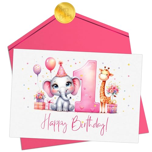 Joli Coon Geburtstagskarte 1 Jahr Mädchen - Premium Happy Birthday Geburtstagskarte 1 Jahr - Klappkarte mit Kuvert und goldenen Siegelsticker von Joli Coon