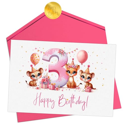 Joli Coon Geburtstagskarte 3 Jahre Mädchen - Premium Happy Birthday Geburtstagskarte 3 Jahre - Klappkarte mit Kuvert und goldenen Siegelsticker von Joli Coon