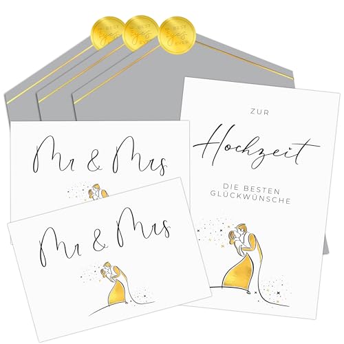 Joli Coon 3 Hochzeitskarten nach Wahl - Zur Hochzeit die besten Glückwünsche Klappkarte mit Kuvert und goldenem Siegelsticker - Karte zur Hochzeit von Joli Coon