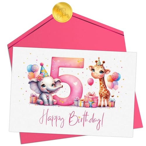 Joli Coon Geburtstagskarte 5 Jahre Mädchen - Premium Happy Birthday Geburtstagskarte 5 Jahre - Klappkarte mit Kuvert und goldenen Siegelsticker von Joli Coon